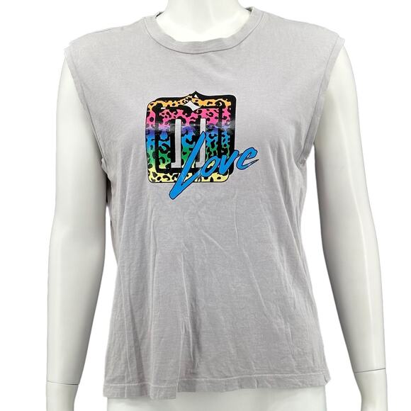 Maje Top Womens 1 Small‎ Gray Teo Sleeveless Love Graphic Tee Muscle Rainbow - Picture 1 of 12